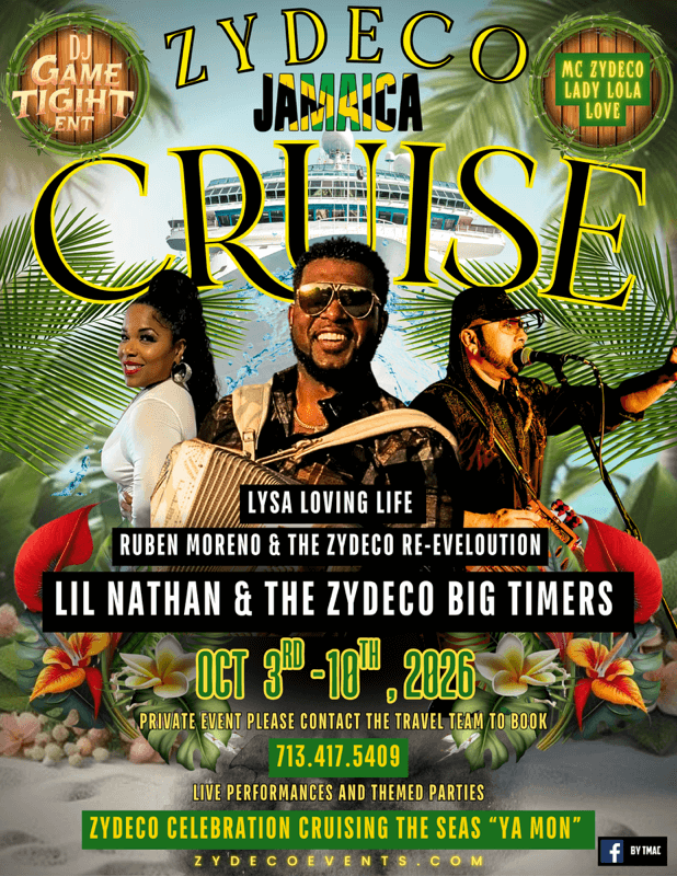 Divine Destination Presents: Jamaica Cruise 2026 Celebration feat. Lil Nate & the Zydeco Big Timers, LYSA and Ruben Moreno!!!