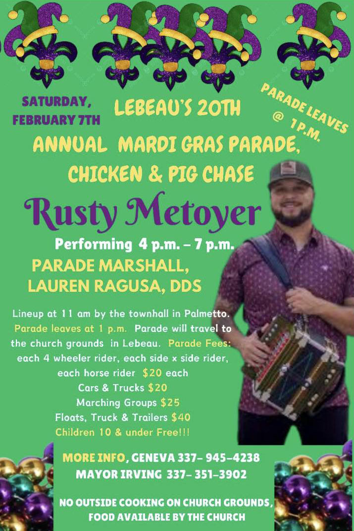 20th Annual Lebeau Mardi Gras Parade, Chicken & Pig Chase